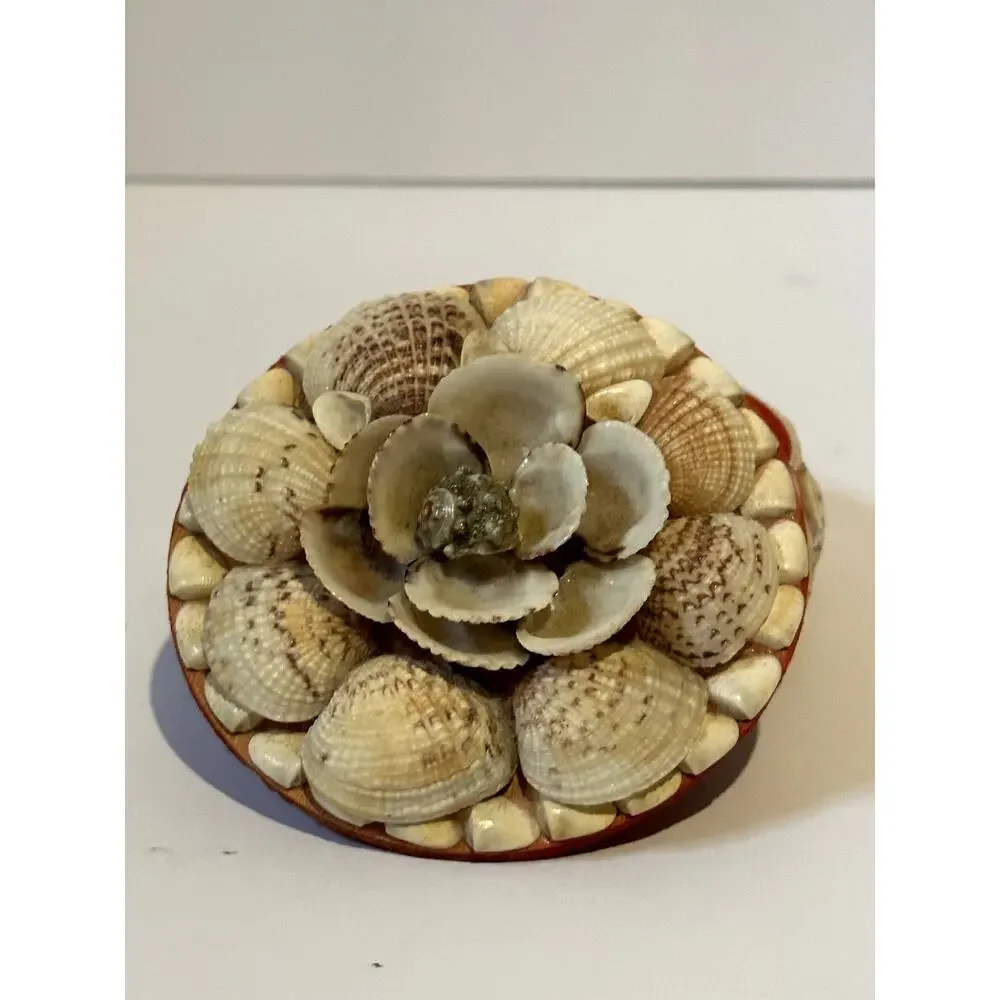 Vintage Seashell Round Trinket Box Red Lined Boho Beach Decore Small Flaws